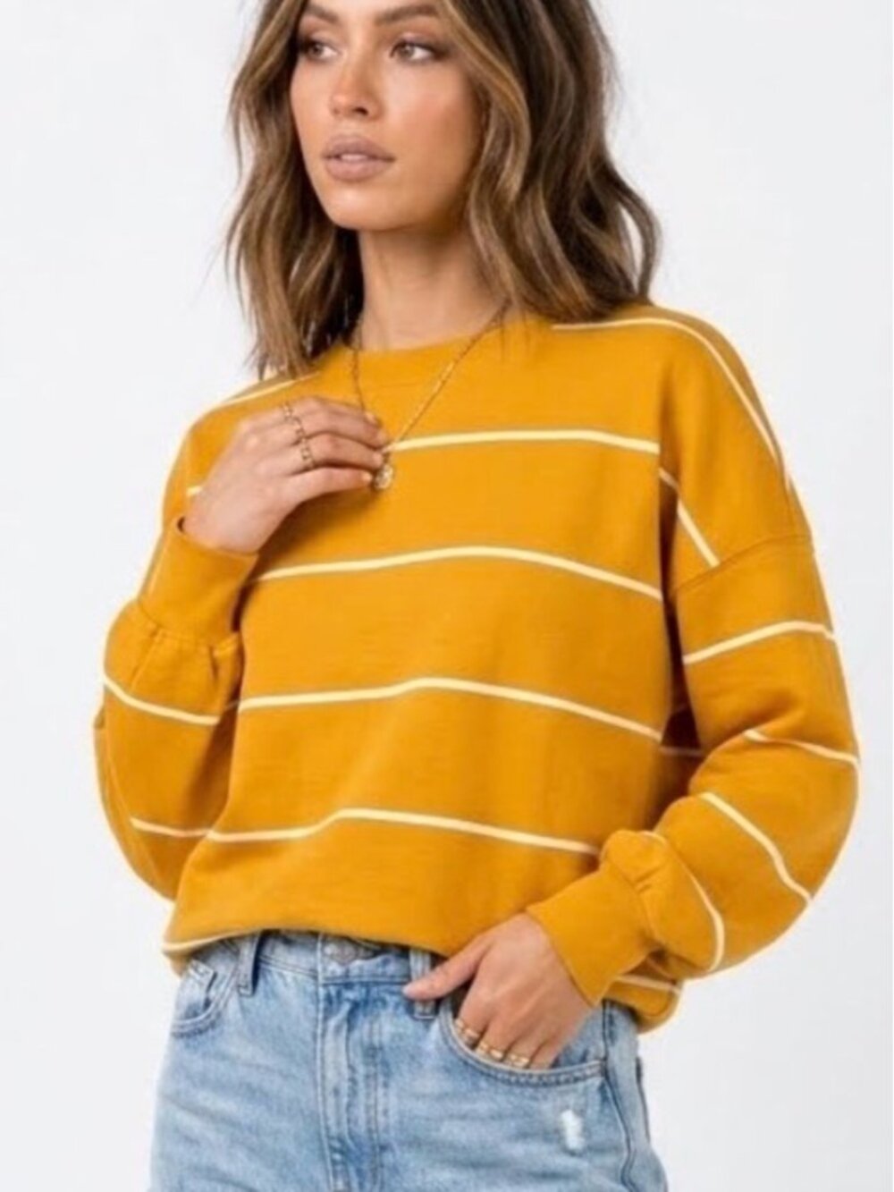 ONLY Brand Mustard Yellow & White Striped Crewneck Sweatshirt ladiesMedium 1783